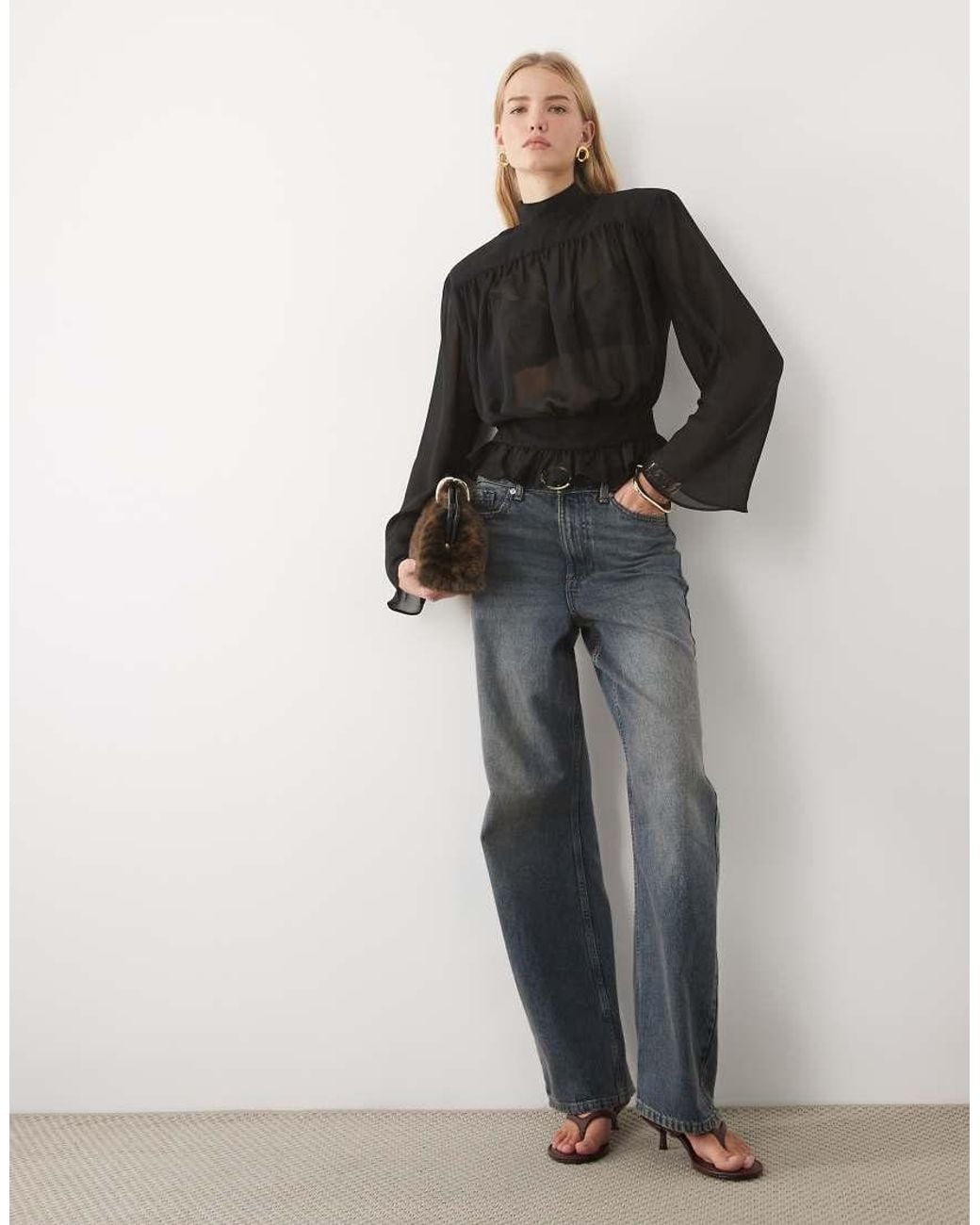 ASOS Black Frill Hem Gathered Blouse With Shoulder Pads