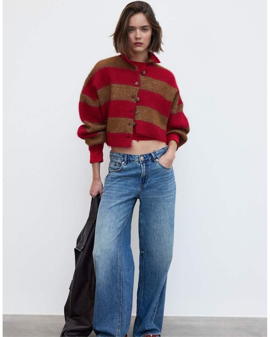 Stradivarius Blue Striped Funnel Neck Knit Cardigan