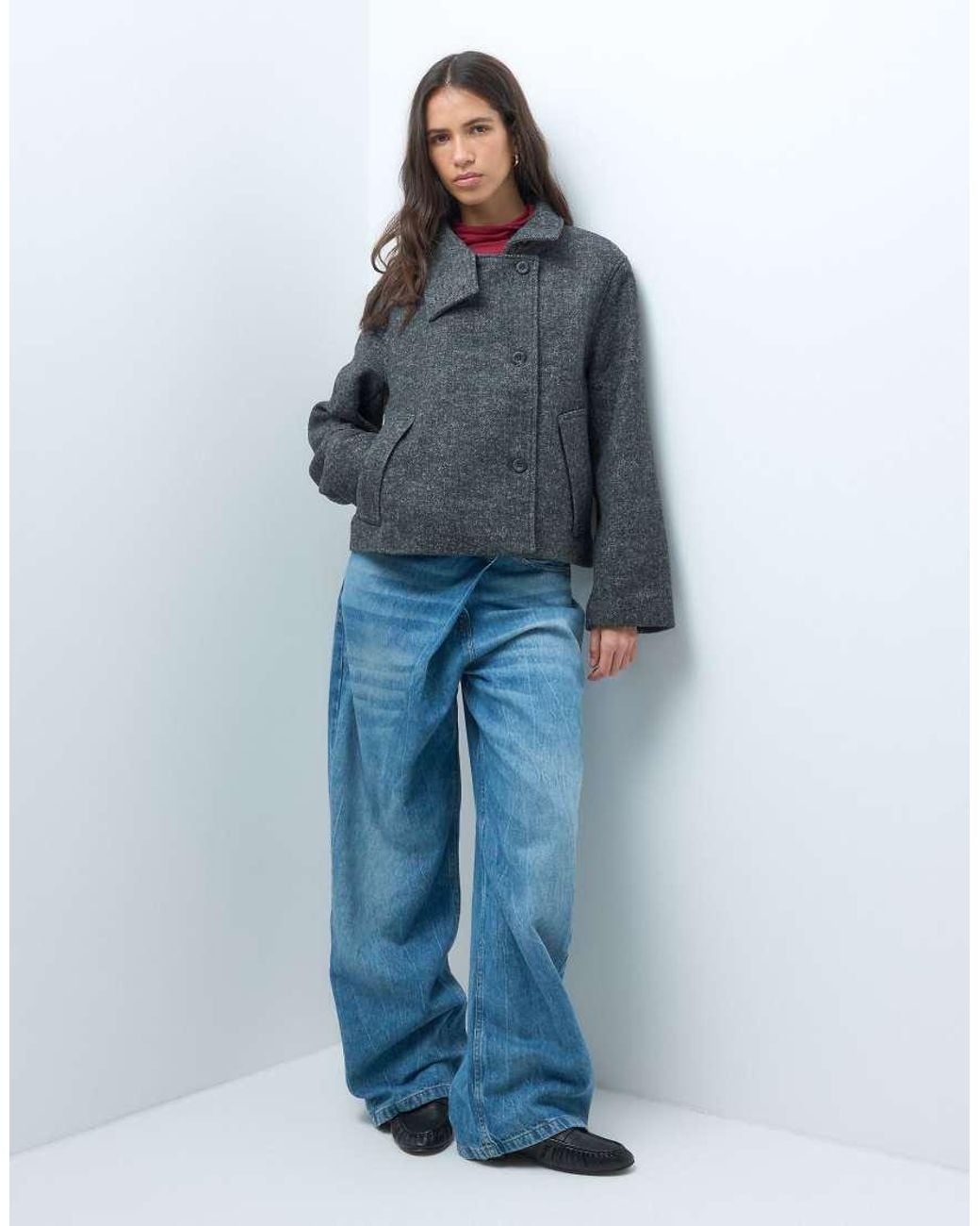 Object Blue Funnel Neck Short Wool-blend Coat