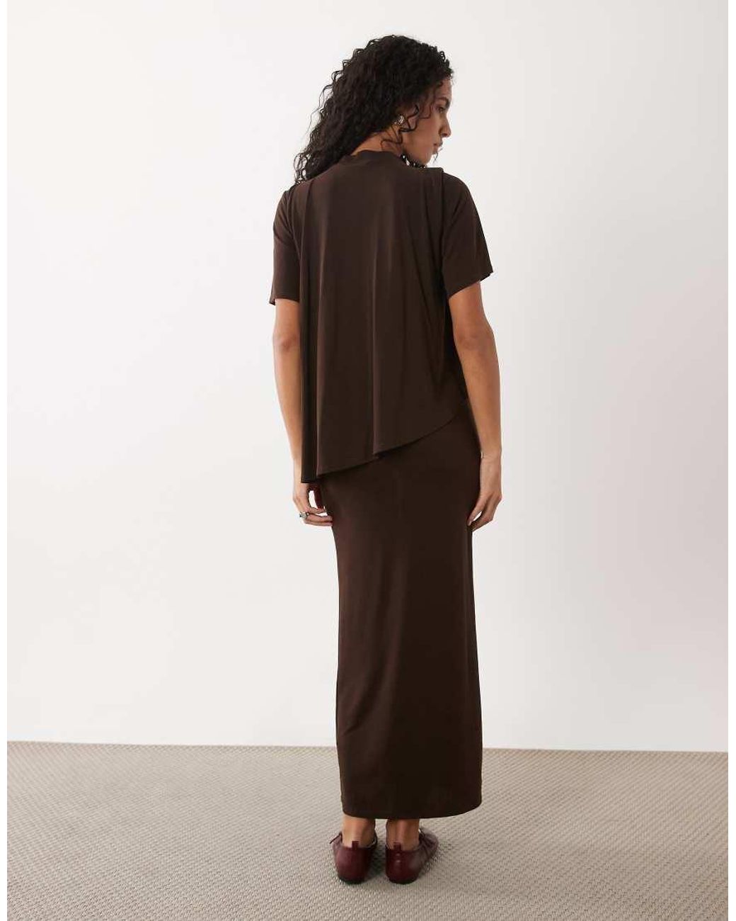 ASOS Brown Modal Short Sleeve Maxi Dress With Cape Layer