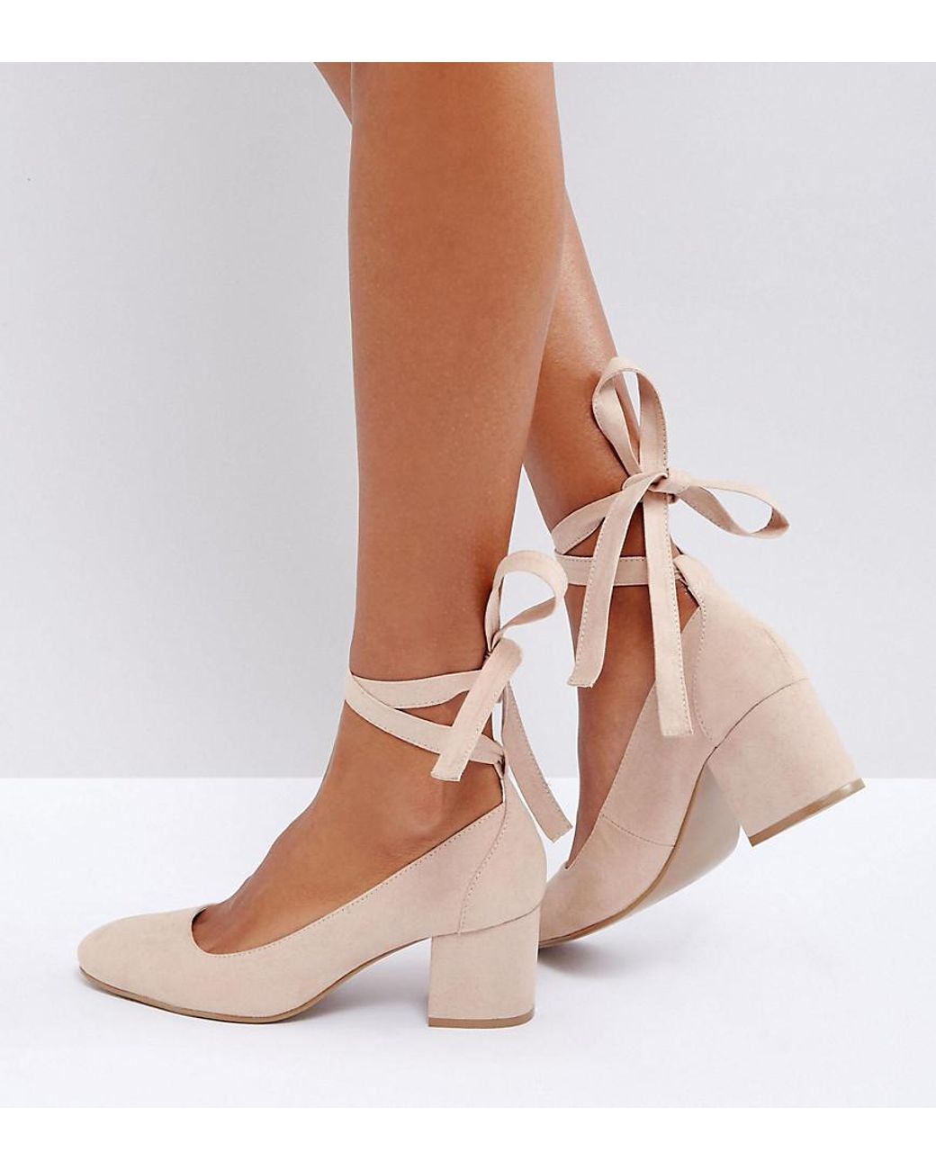 London Rebel Wide Fit Tie Ankle Kitten Heel Shoe in Natural Lyst