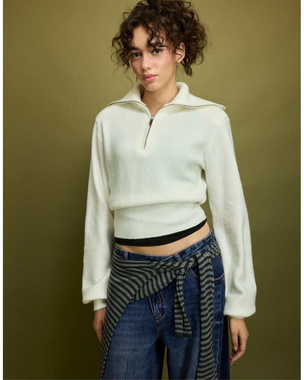 Stradivarius Green Knit Jumper With Padded Shoulders And Quarter-zip