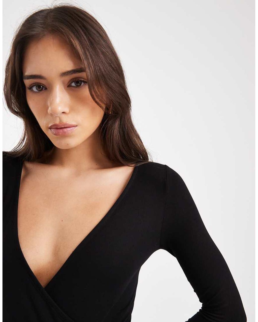 Miss Selfridge Black Wrap Long Sleeve Bodysuit
