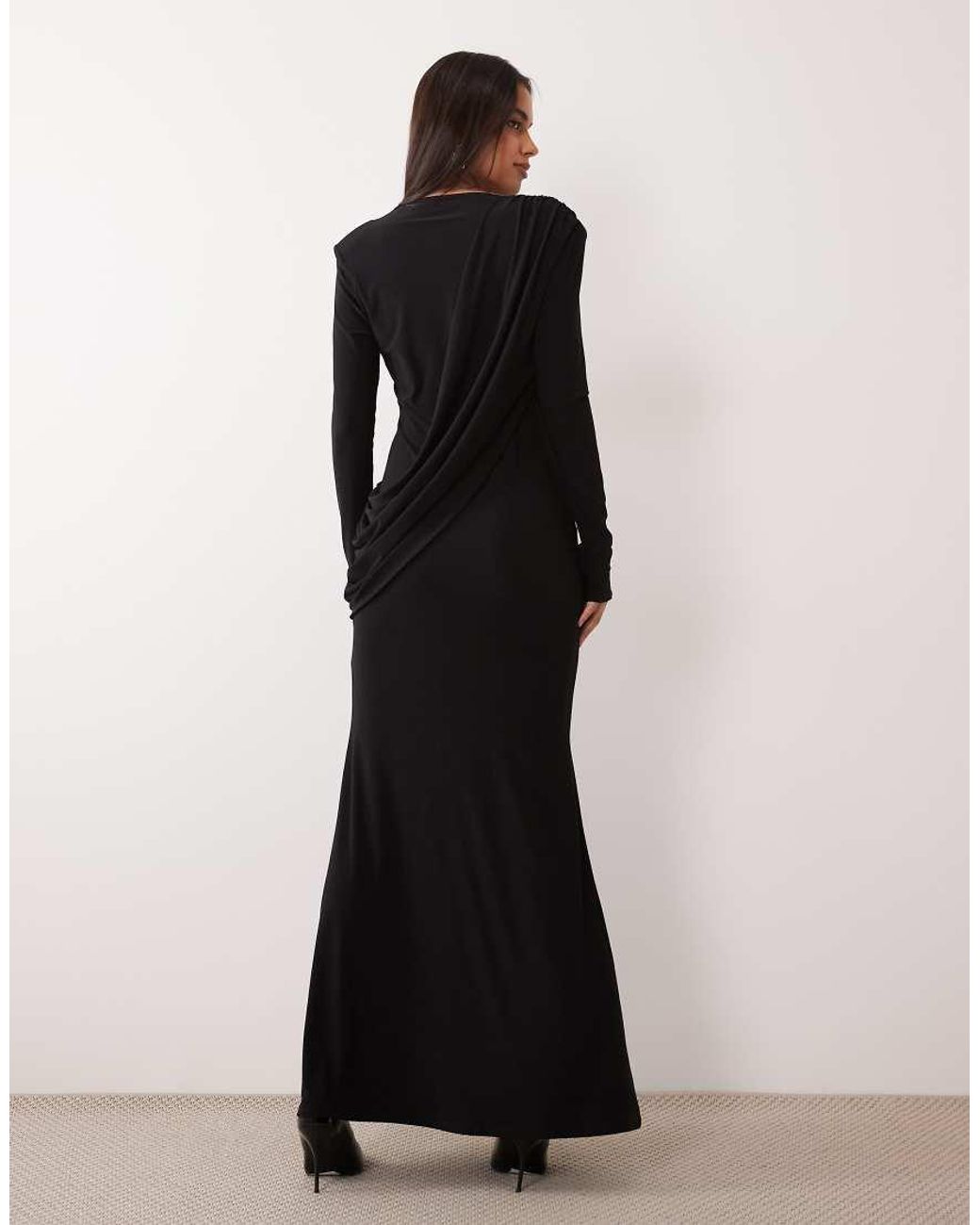 ASOS Black Shoulder Pad Slinky Maxi Dress With Sweeping Drape Detail