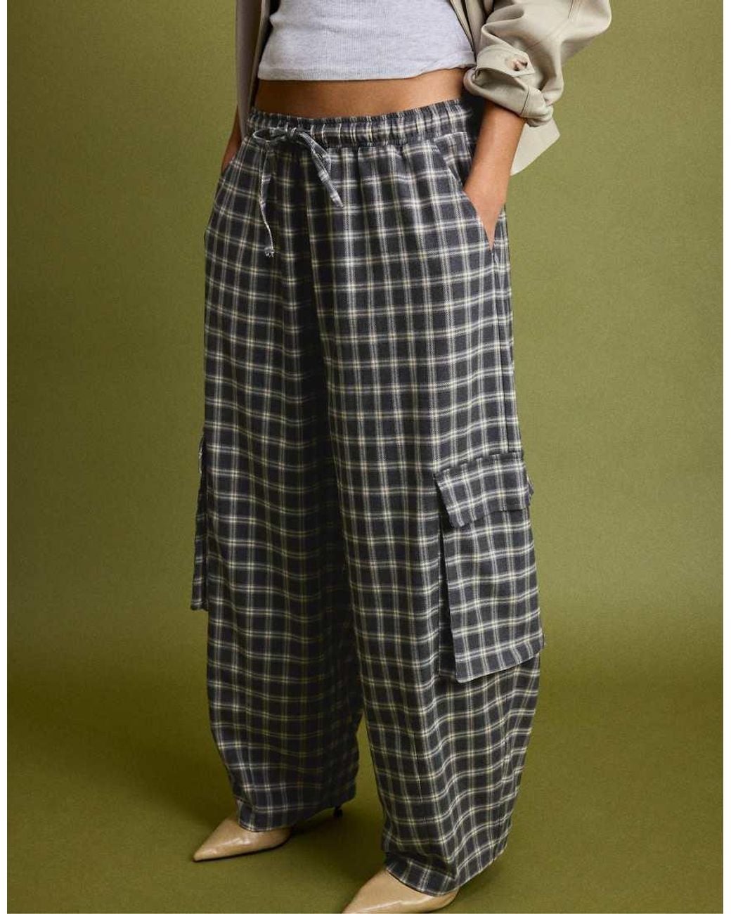 Stradivarius Green Checked Smart Cargo Trousers