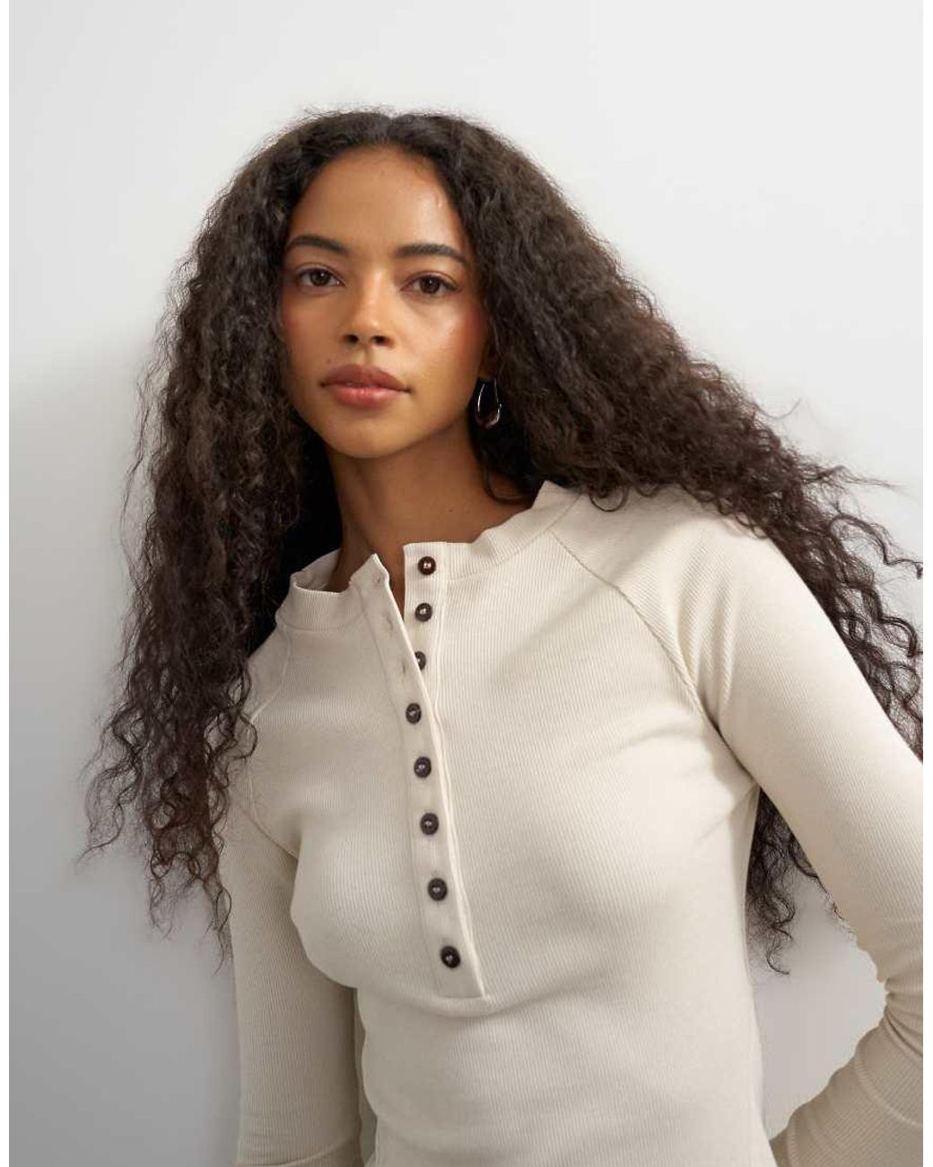 TOPSHOP White Ribbed Button Down Henley
