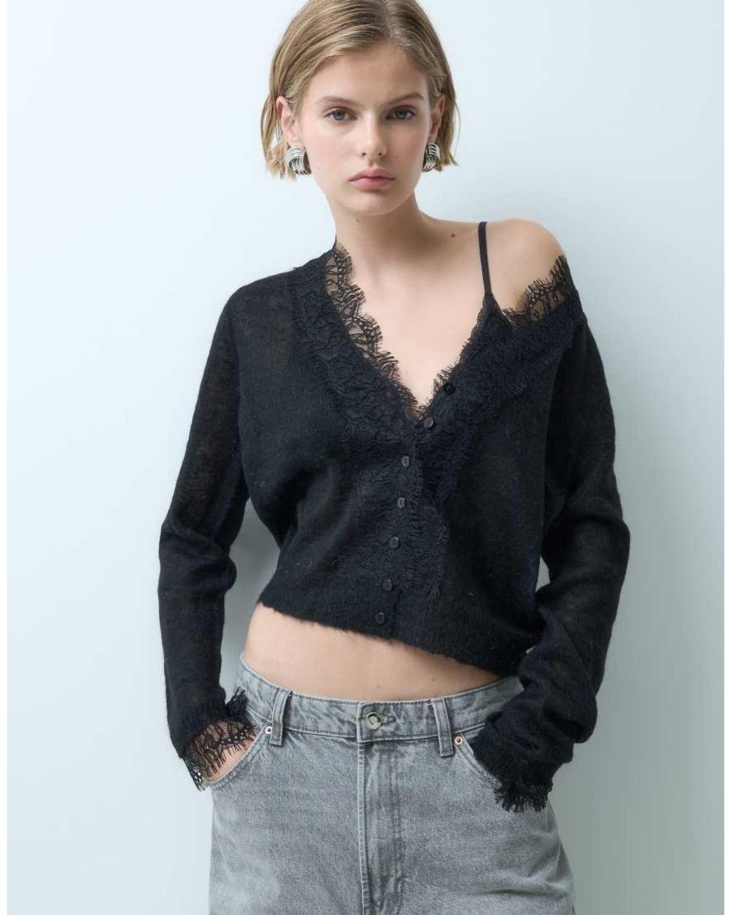 Miss Selfridge Blue Wool And Mohair Lace Trim Fine Gauge Cardigan