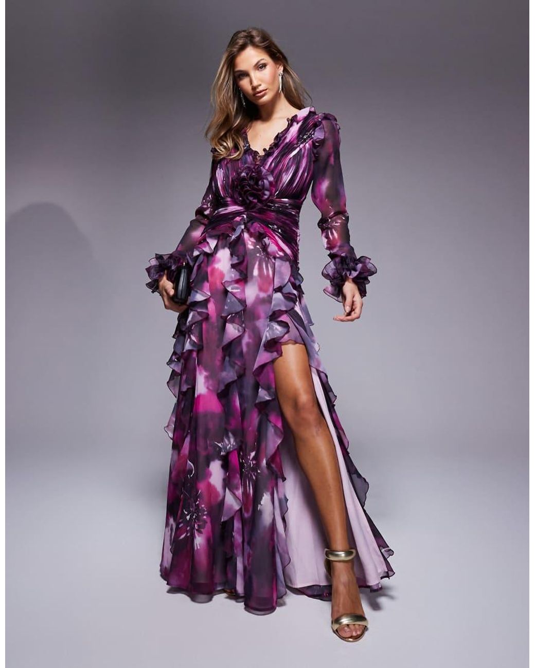ASOS Organza Long Sleeve Exaggerated Ruffle Maxi Dress in Purple | Lyst UK