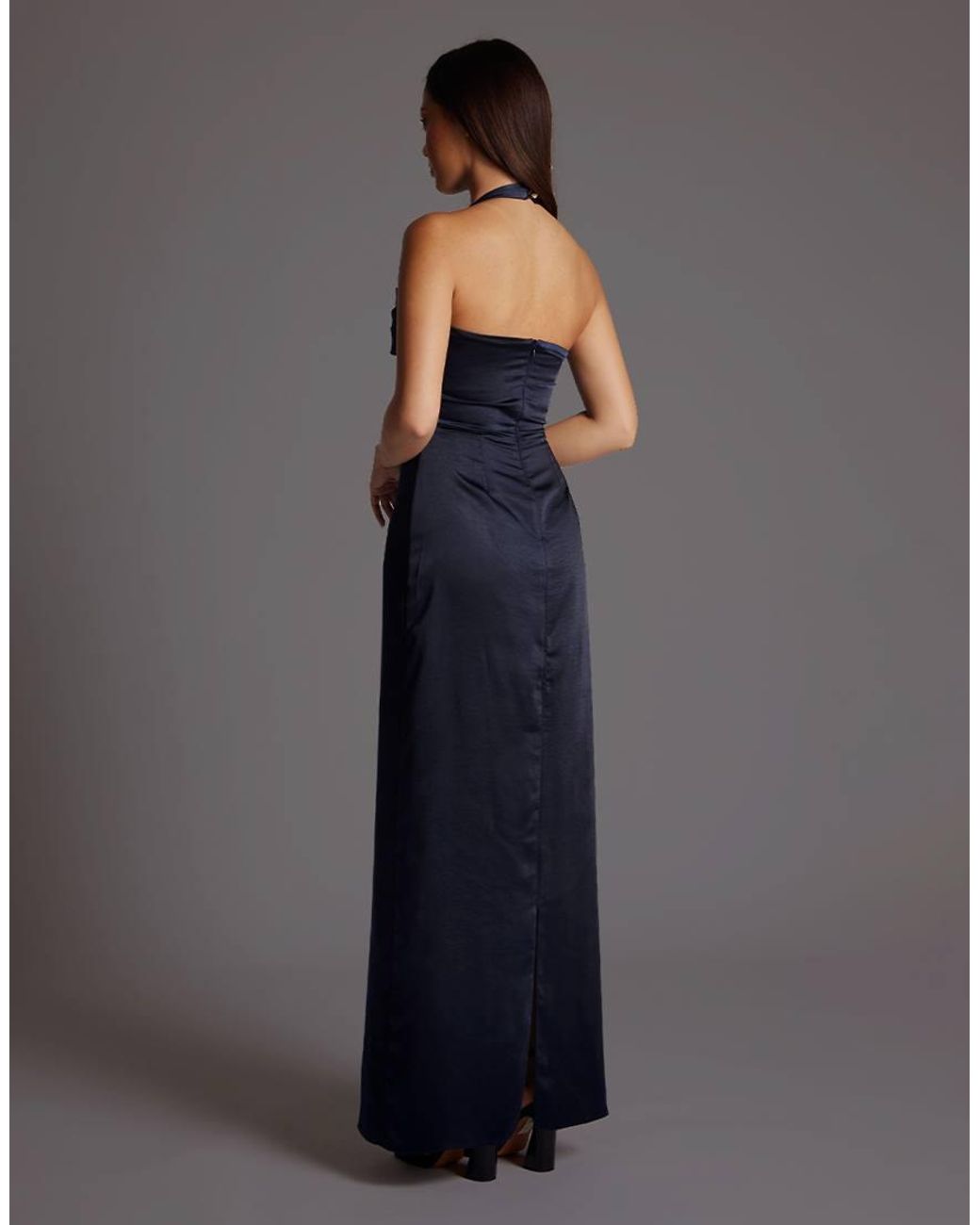 Vesper Blue Satin Cowl Halter Neck Maxi Dress