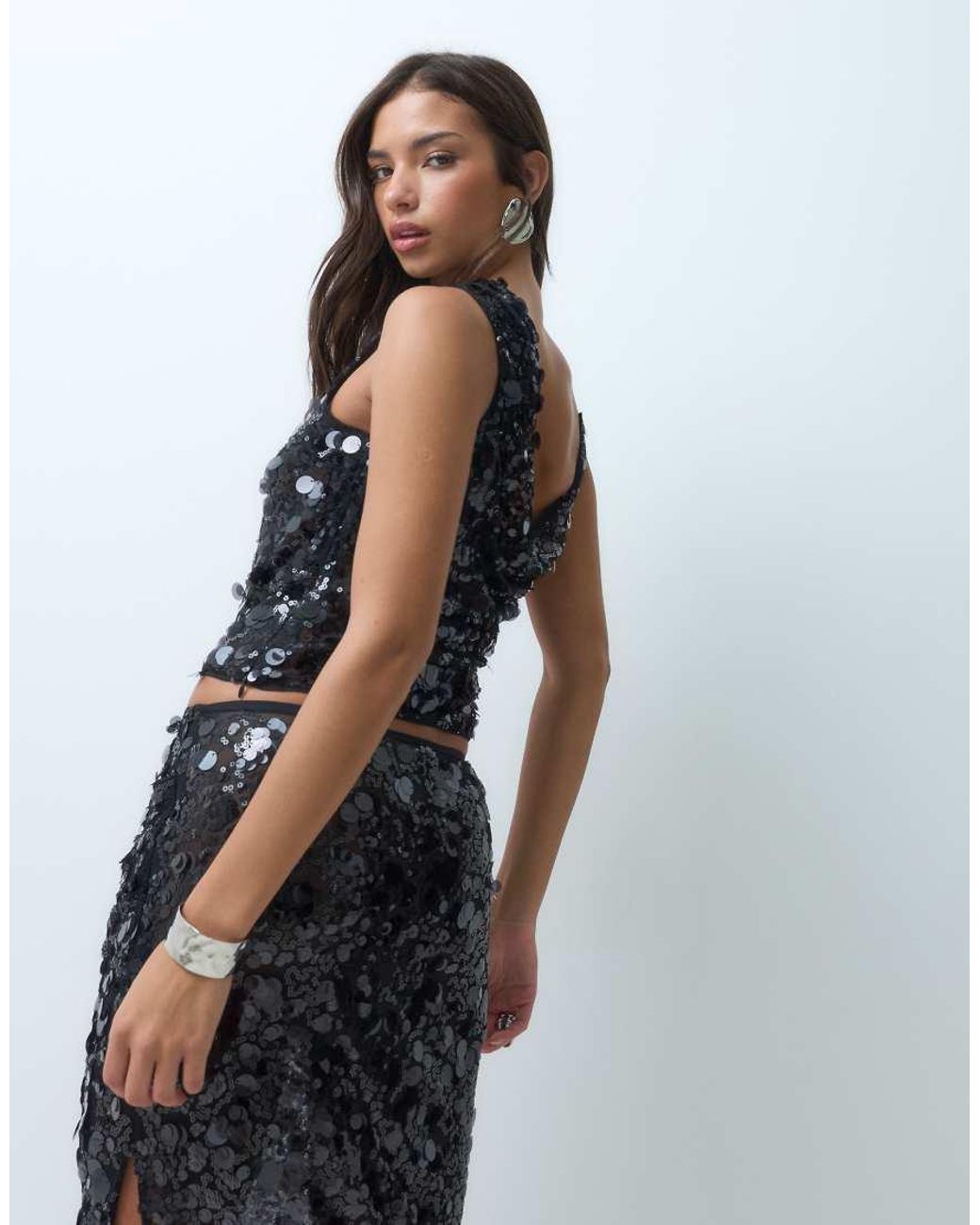 ASOS Black Co-Ord Sequin Asymmetric Cami With Gathered Shoulder