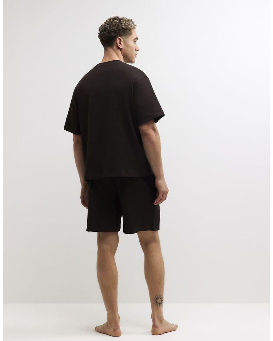 River Island Black Cotton Waffle Textured Loungewear Set for men
