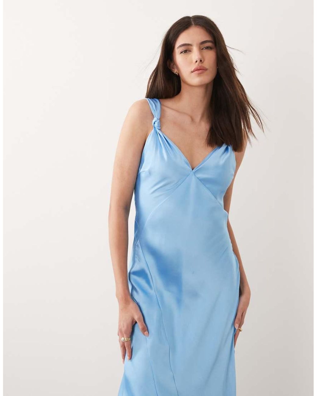 Never Fully Dressed Blue Sofia Satin Knot Strap Bias Cut Maxi Dress