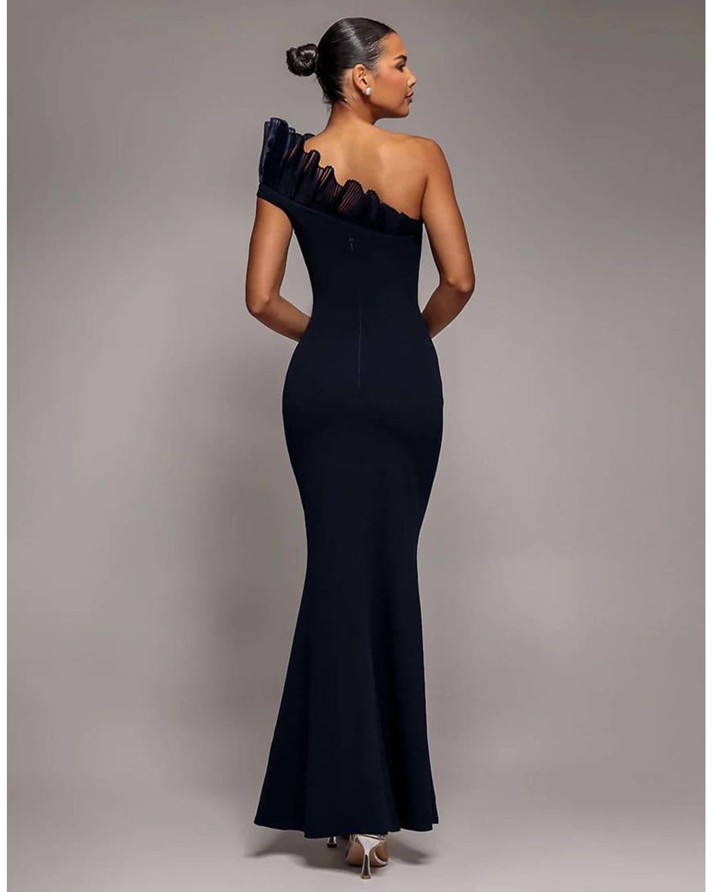 Goddiva Blue One Shoulder Organza Frill Pleated Mermaid Maxi Dress