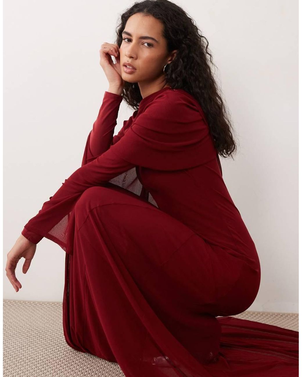 ASOS Red Modesty Mesh Maxi Dress With Overlay Draped Neckline Detail