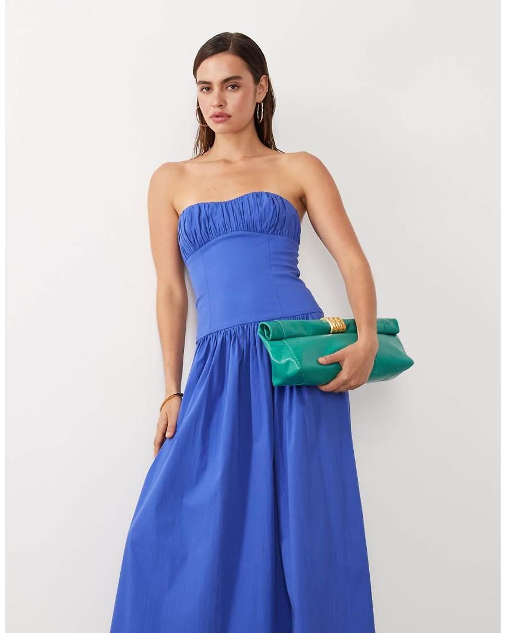 Mango Blue Starring Hailey Bieber Structured Off Shoulder Drop Waist Maxi Dress