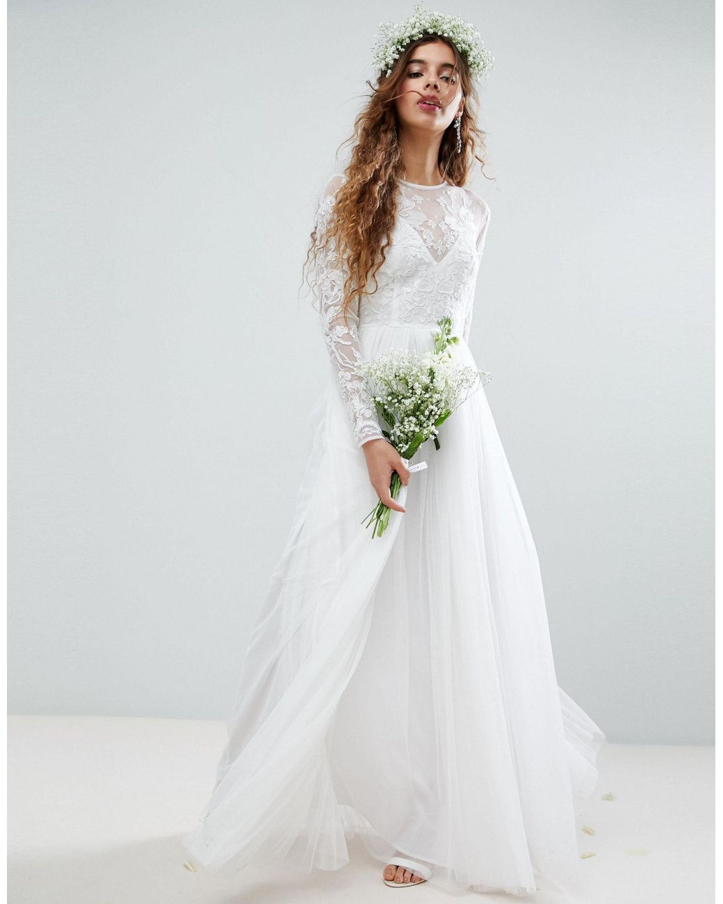 asos edition long sleeve lace bodice maxi wedding dress with pleated skirt