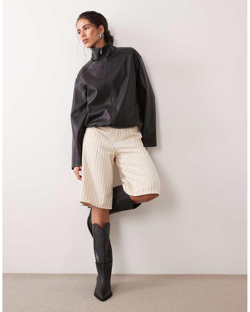 4th & Reckless Black High Shine Faux Leather Funnel Neck Cropped Puffer Jacket Co-ord