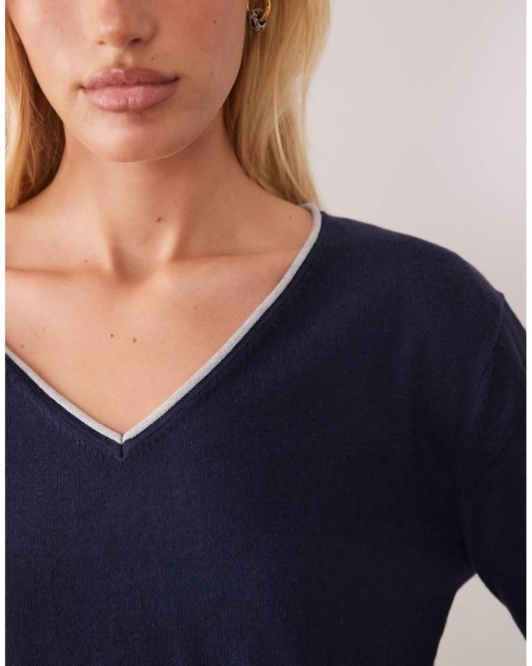 Mango Blue Teen V Neck Jumper With Contrast Trim