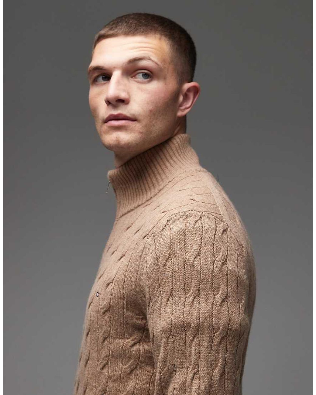Tommy Hilfiger Gray Lambswool Cable Knit Half Zip Jumper for men