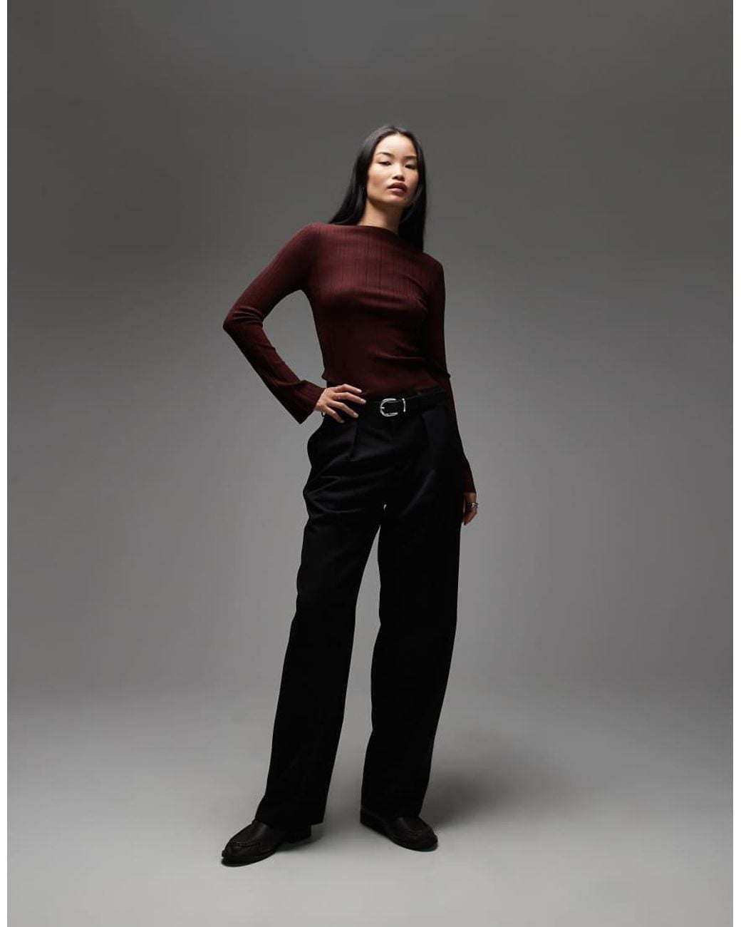 & Other Stories Black Pure Merino Wool Ribbed Knitted Top With Flare Sleeves