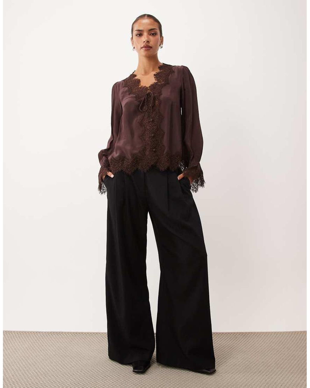 Nobody's Child Brown Wilde Satin Lace Detail Tie Bust Long Sleeve Blouse