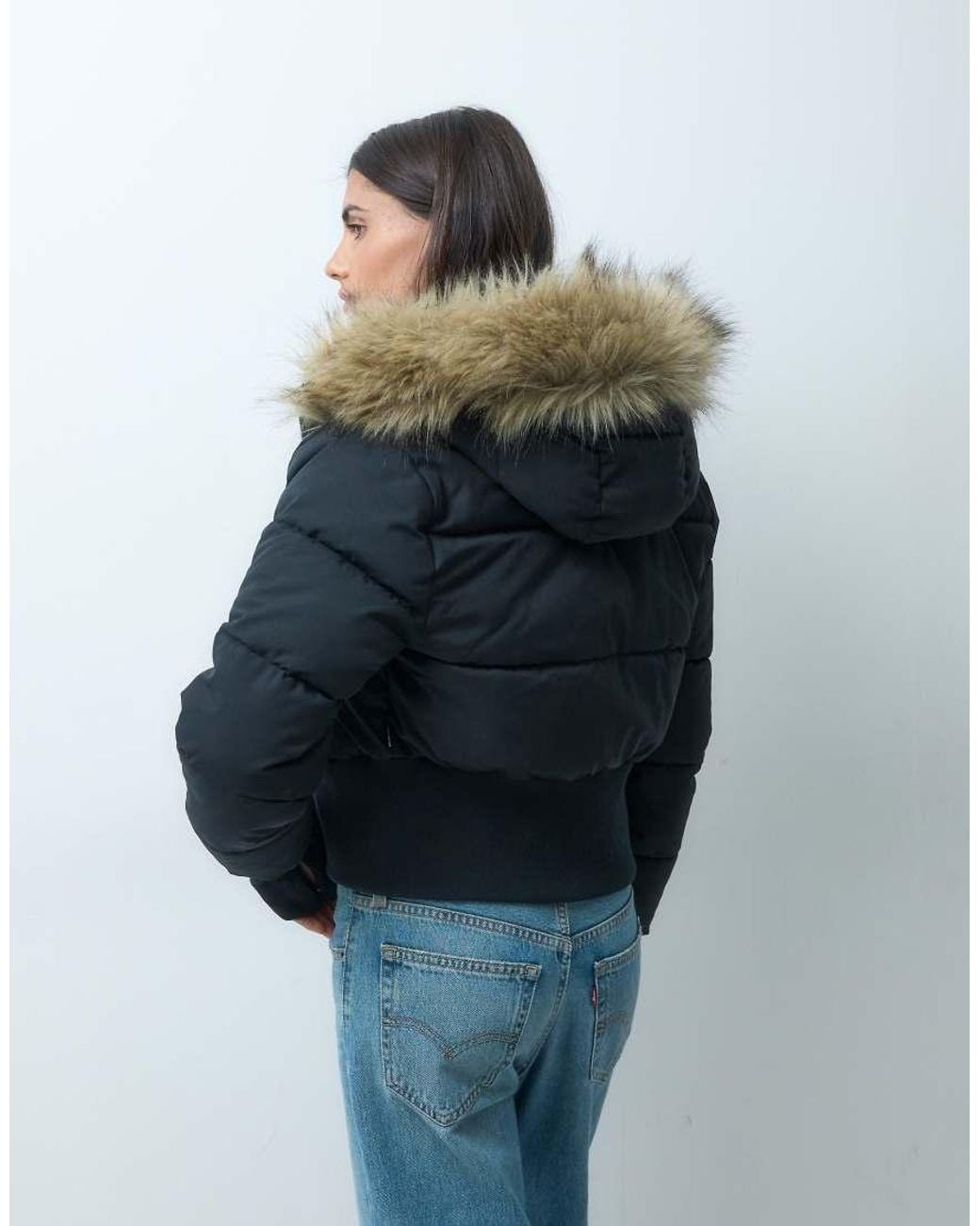 Hollister Blue Cropped Puffer Jacket With Faux Fur Hood