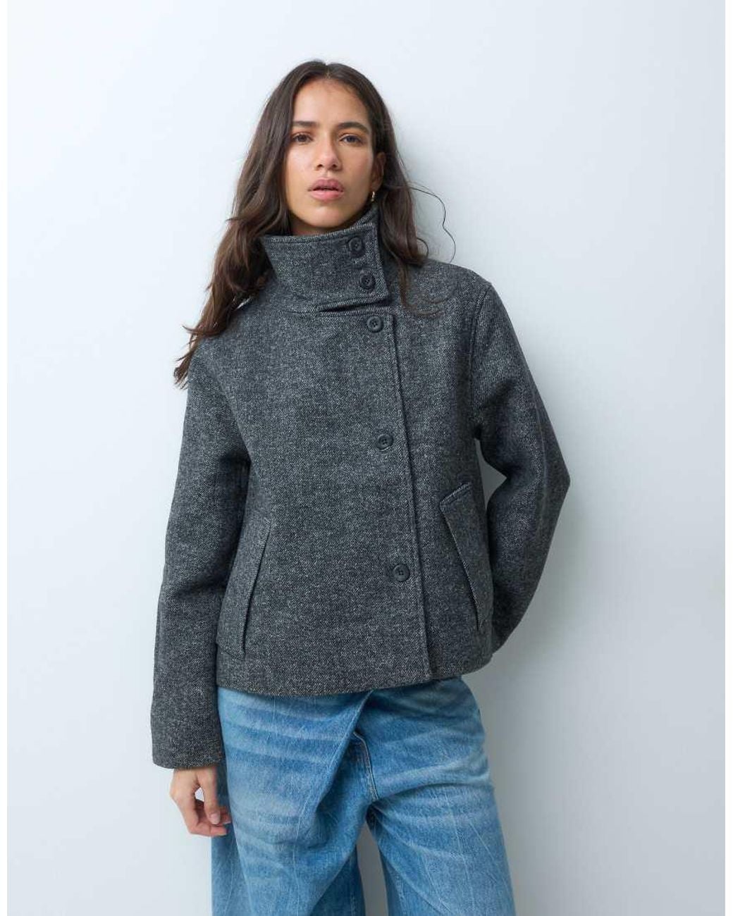 Object Blue Funnel Neck Short Wool-blend Coat