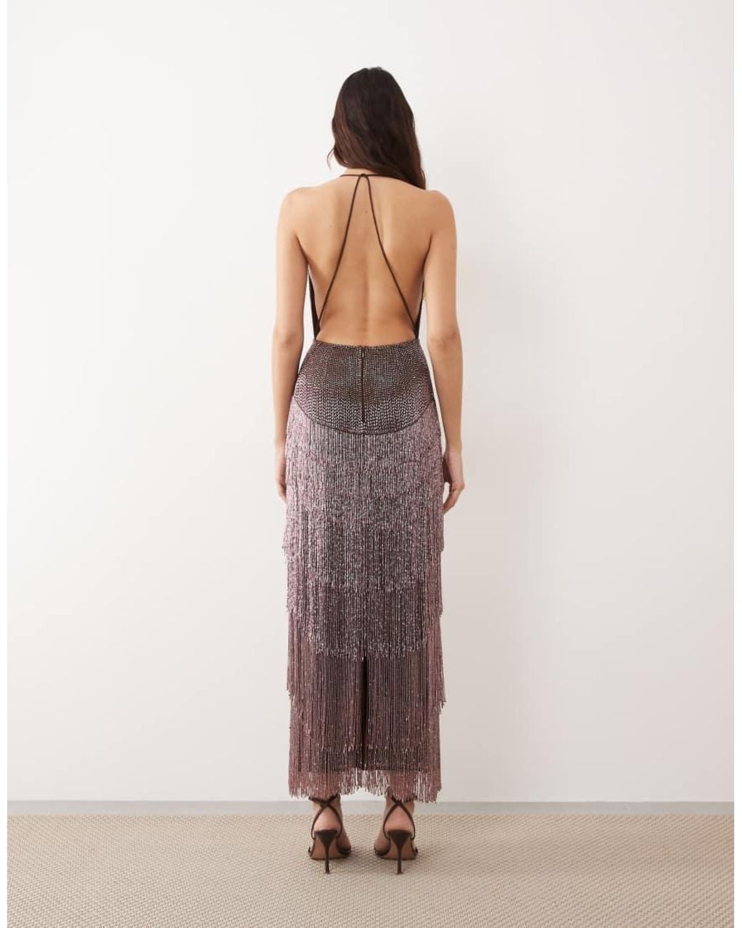 ARRANGE Blue Beaded Fringe Plunge Cowl Maxi Dress