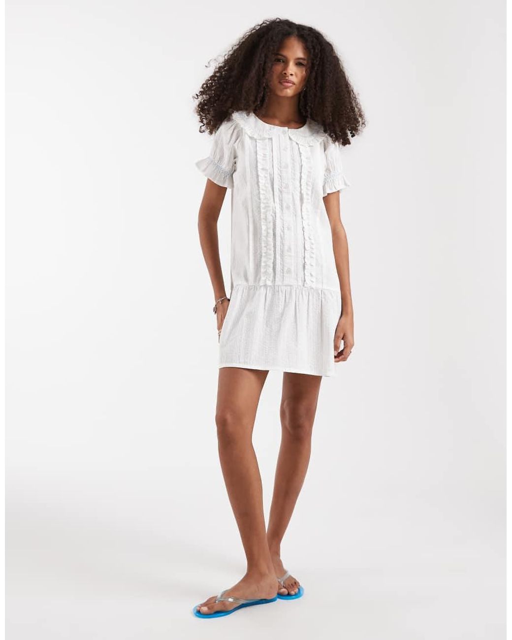 Neon Rose White Button Pintuck Drop Waist Mini Dress