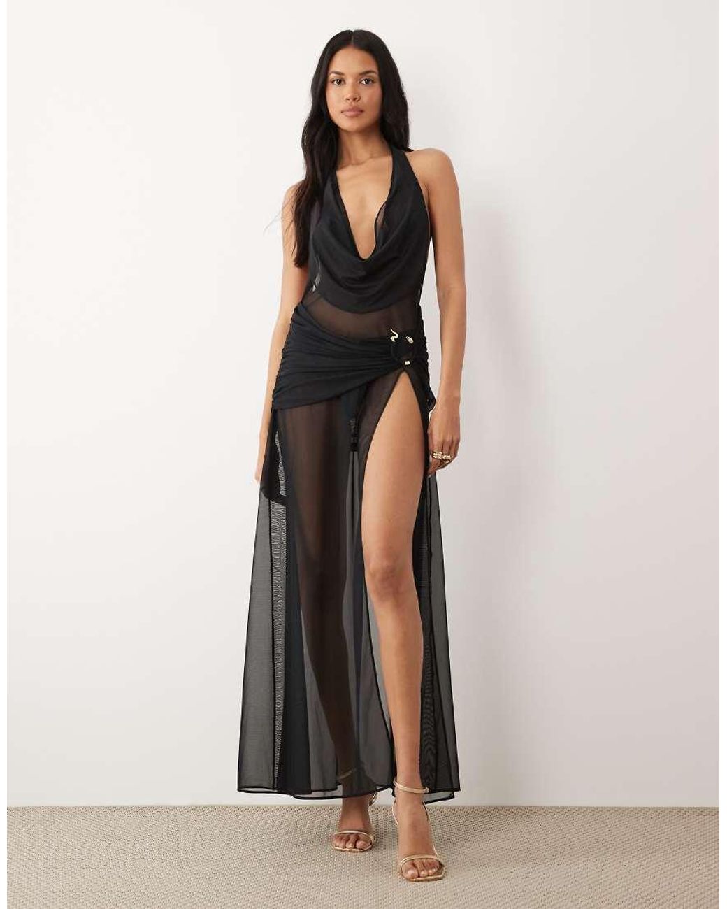 Oh Polly Black Mesh Plunge Cowl Halter Neck Thigh Split Beach Maxi Dress