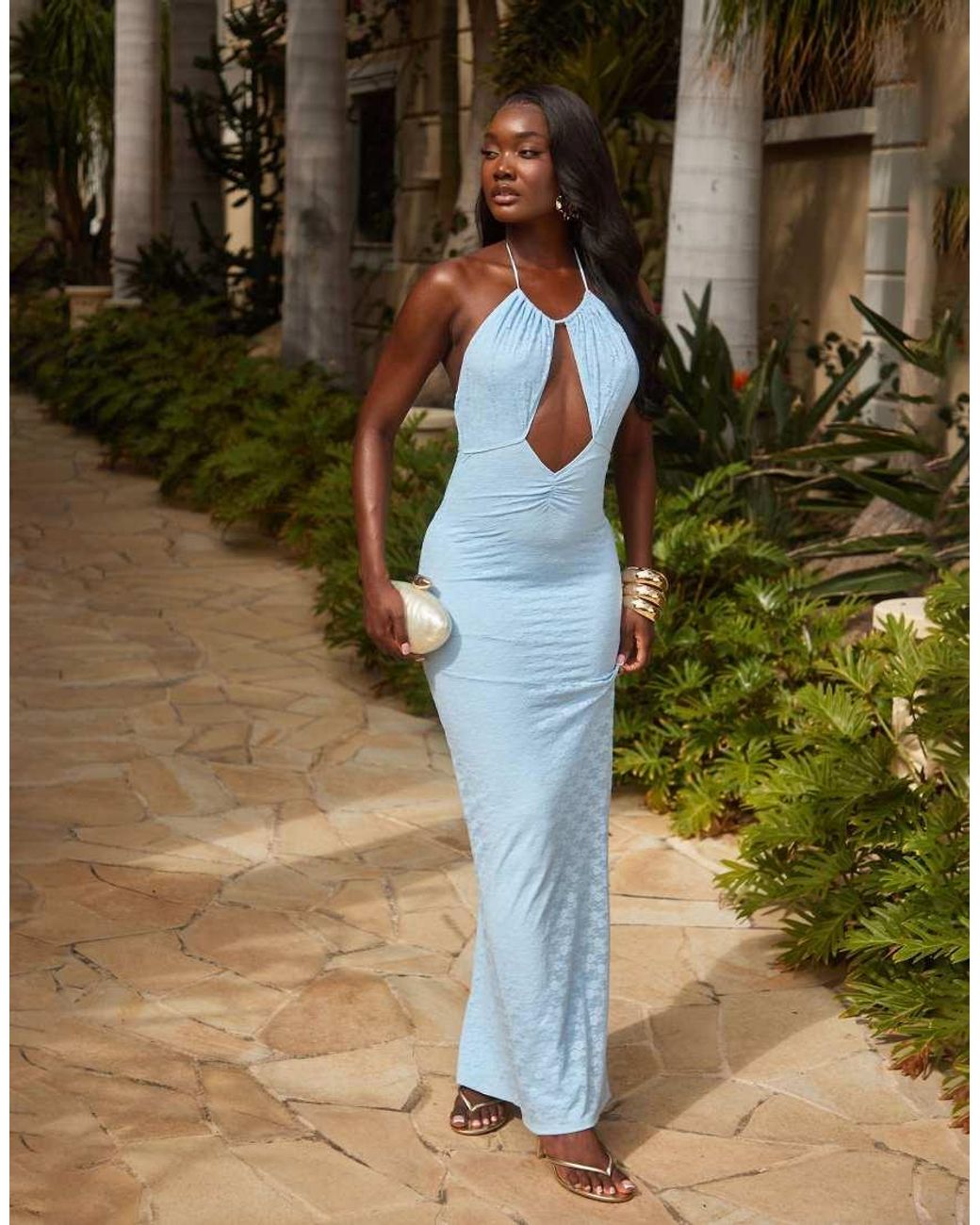 South Beach Green Cut Out Front Halter Maxi Lace Beach Dress