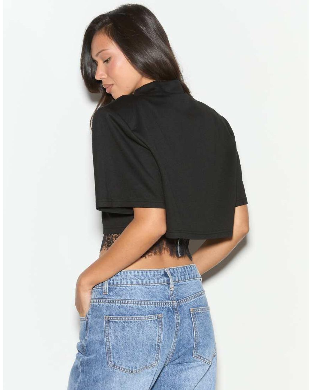 Noughts & Kisses Black Mimi Shoulder Pad Structured Lace Trim Top