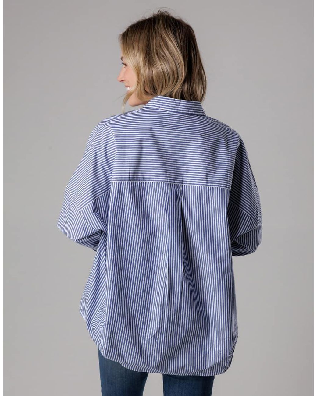 French Connection Blue Cotton Relaxed-Fit Long Sleeve Striped Popover High-Low Hem Shirt