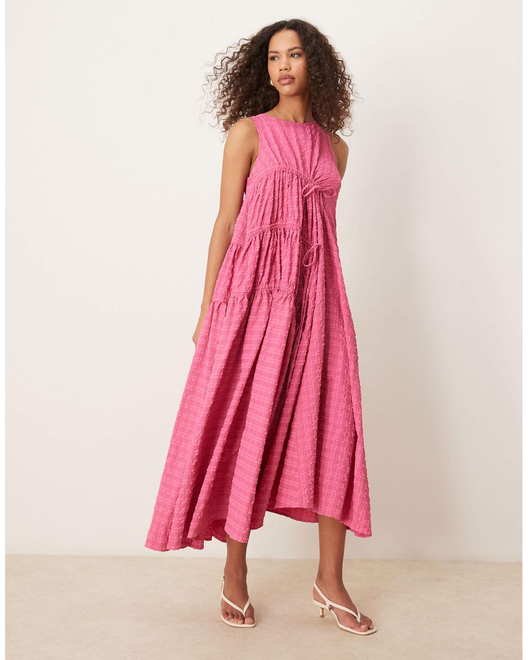 ghospell ruched midi dress Ghospell Textured Ruched Midi Dress in Pink