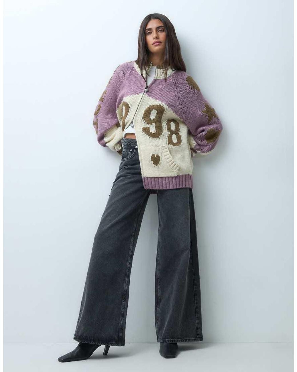 Daisy Street Gray Daisy Steet Oversized Zip Up Cardigan With Sporty Graphic
