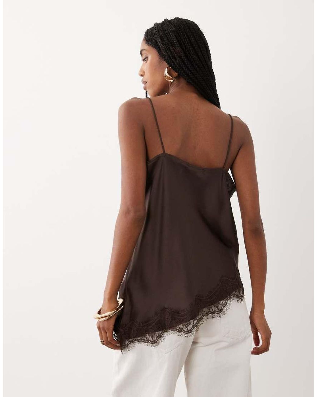 Jdy Brown Asymmetric Cami Top With Lace Edge