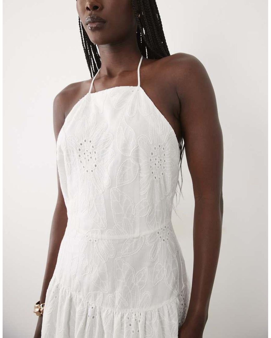Mango White 100% Cotton Halterneck Embroidered Maxi Dress