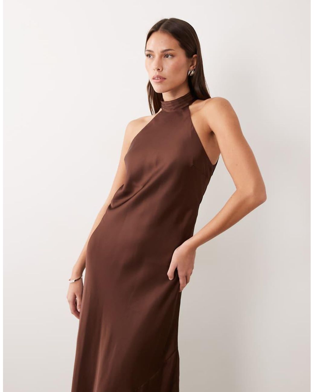 Vila Brown Halter Neck Backless Satin Maxi Dress