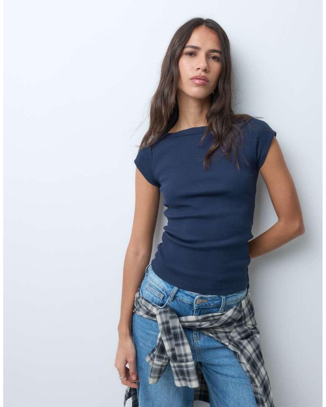 JJXX Blue Ribbed Boat Neck Tee