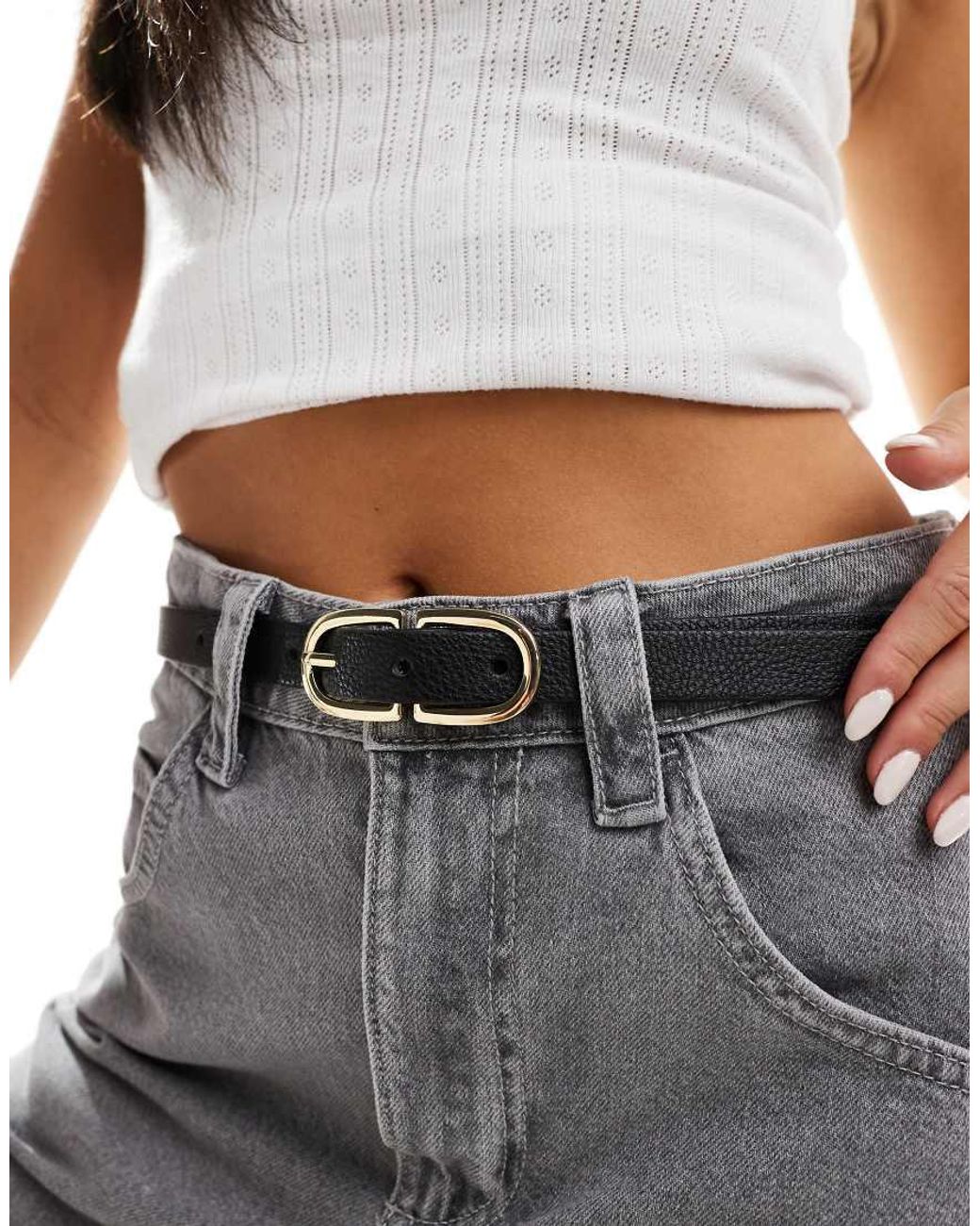 Pieces Gray Leather Look Gold Double Buckle Belt