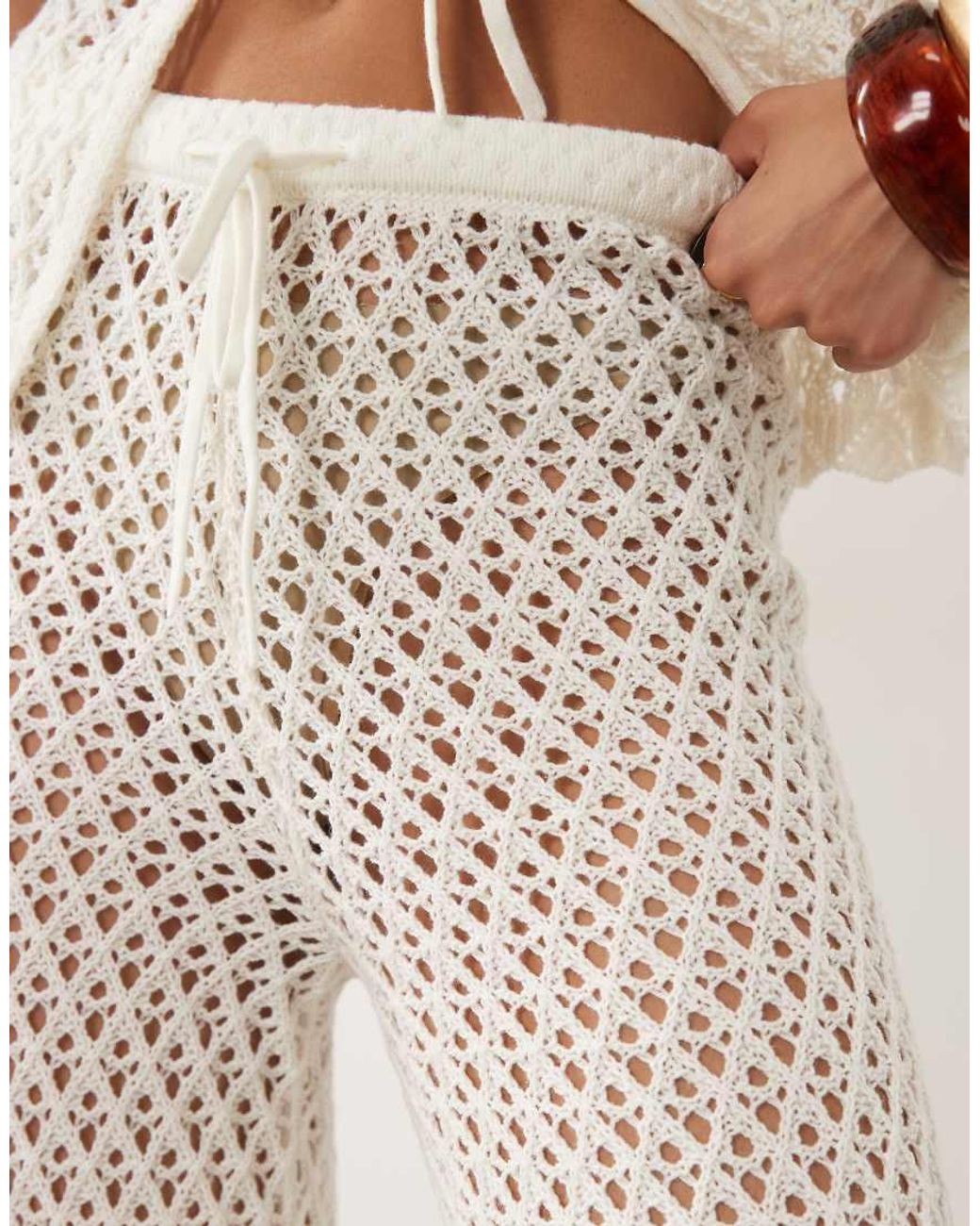 4th & Reckless Natural Cotton Blend Crochet Tie Waist Wide Leg Beach Pants