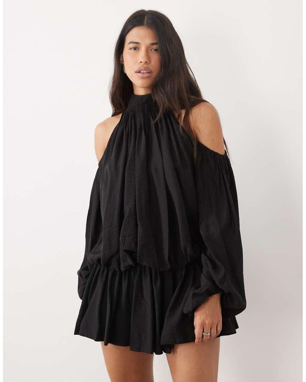 ASOS Black Blouson Cold Shoulder Mini Dress With Flippy Skirt