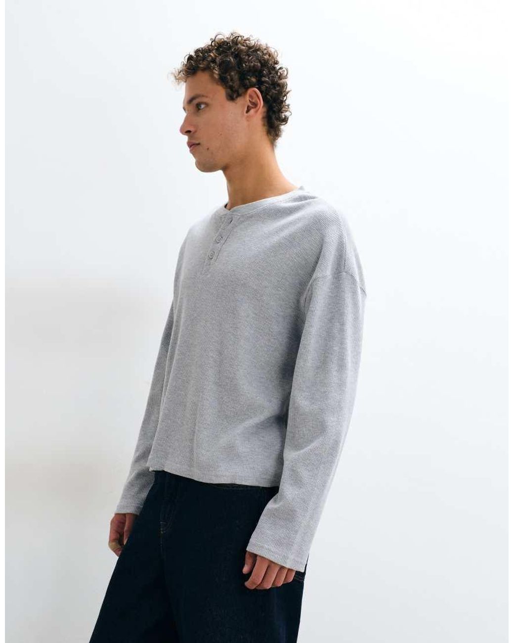 Cotton On Gray Relaxed Fot Textured Henley Long Sleeve for men