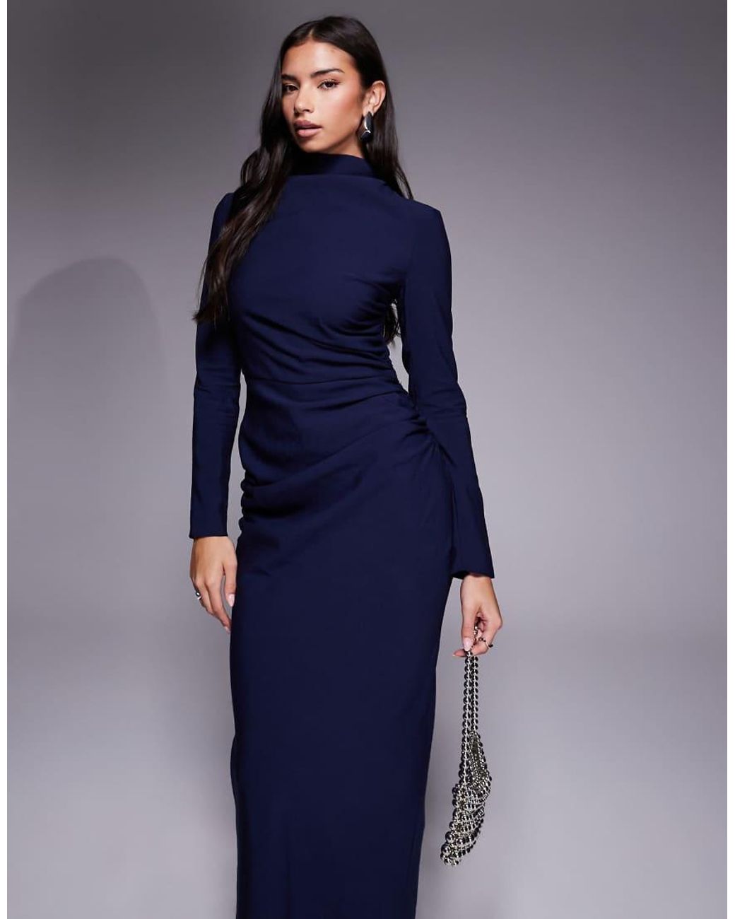 ASOS Blue High Neck Ruched Side Maxi Dress