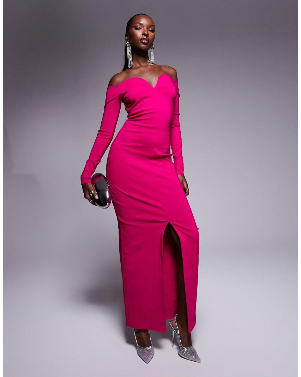 Vesper Bardot Long Sleeve Maxi Dress in Pink Lyst UK