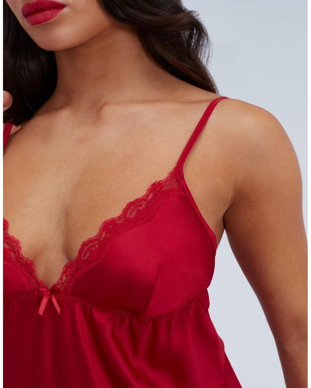 Boux Avenue Red Kaya Satin Chemise Floral Comfy Adjustable Straps Nightgown