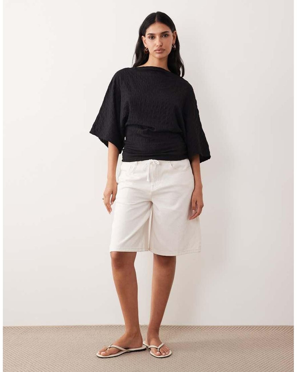 ASOS Black Fallen Shoulder With Cinched Waist Textured Top