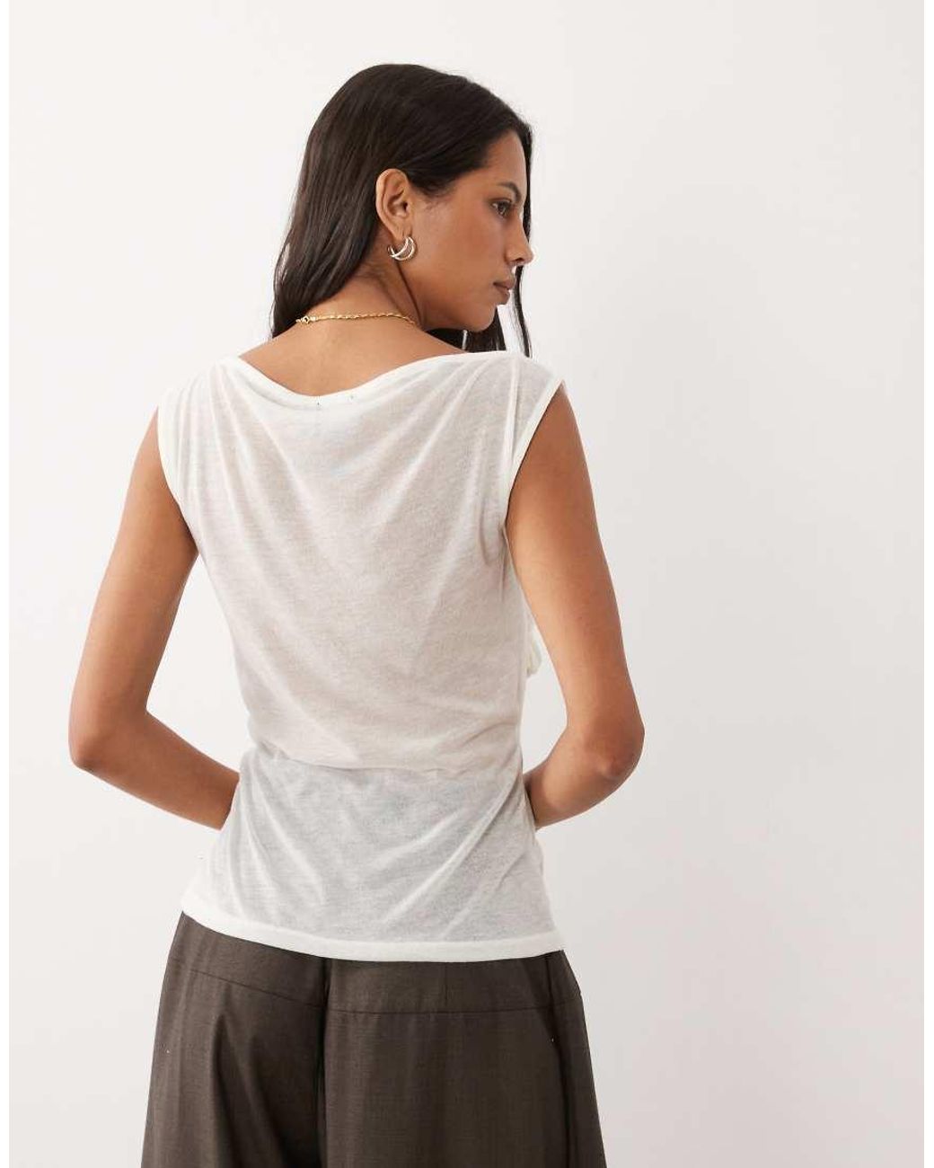 ASOS White Semi Sheer Knit Look Cap Sleeve Top With Ruched Bust Overlay