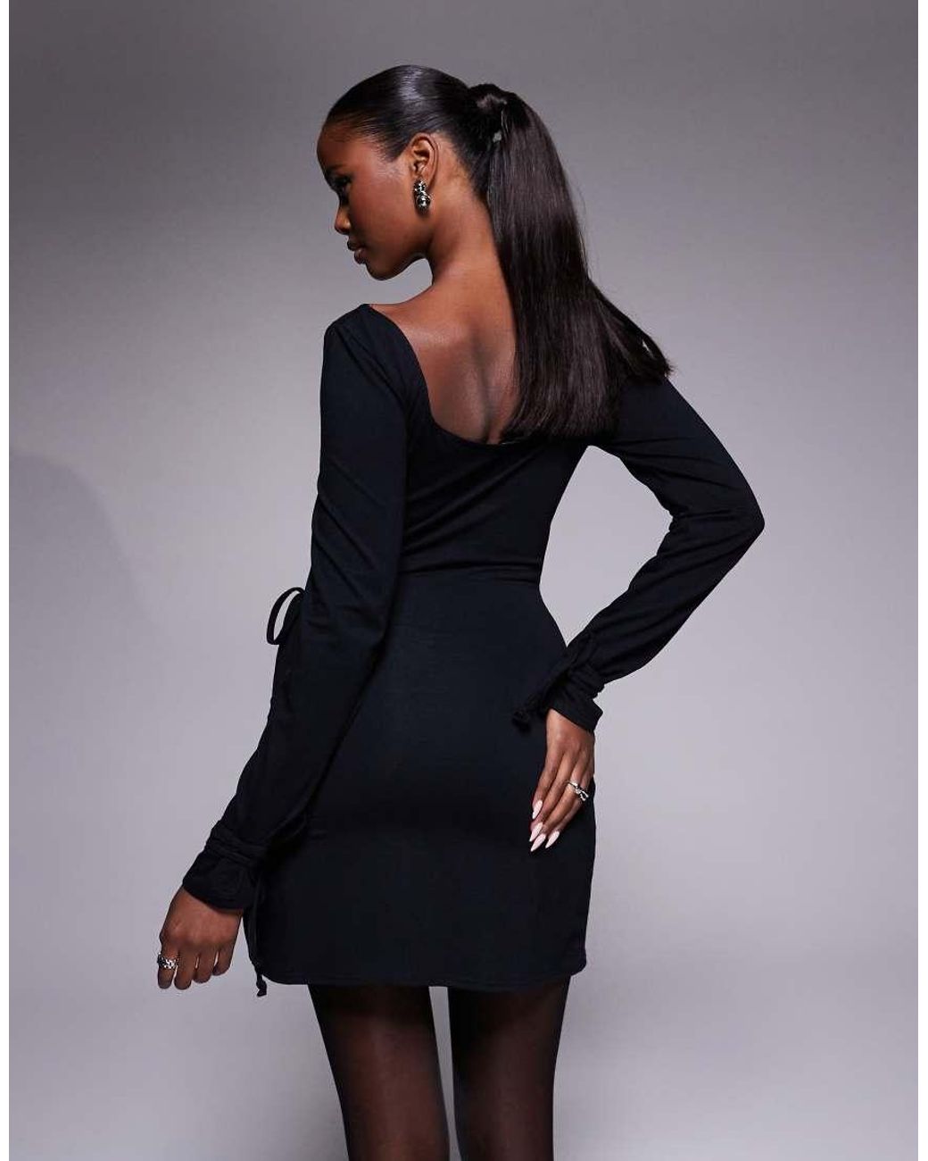 Fashionkilla Blue Exclusive Cotton Rich Square Neck Long Sleeve Tie Wrap Waist Mini Dress