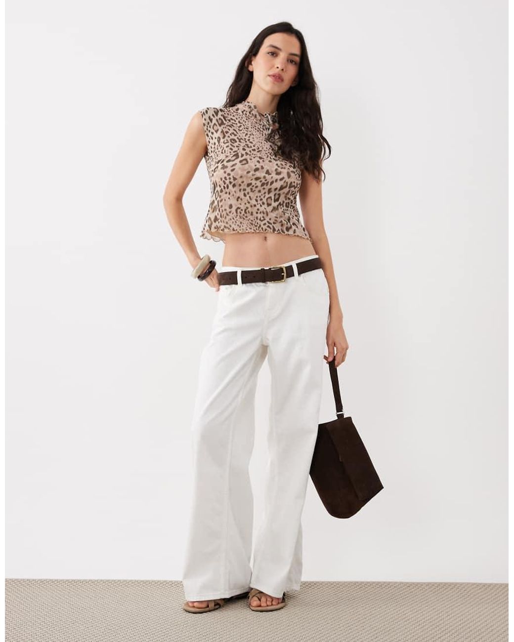 Miss Selfridge Brown Short Sleeve Top With Tie Up Mandarin Collar